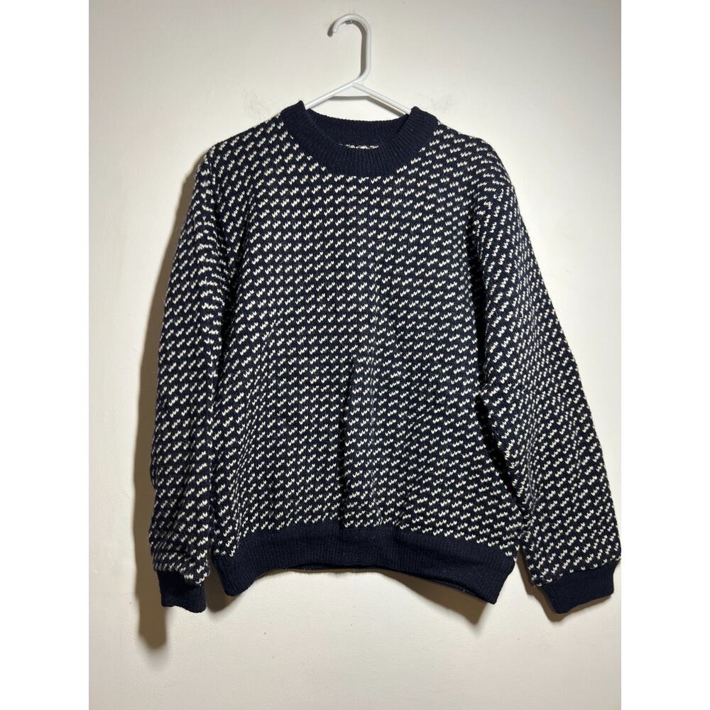 VTG LL Bean Navy Blue White Birdseye Thick Knit Wool Crew Sweater Norway L 1751